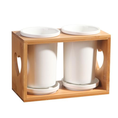CRCRC Tapas-Schüsseln, 2er-Pack Besteckhalter, Utensilien-Organizer aus Keramik mit Holzregal, Aufbewahrungsbehälter-Sets, Küchenbesteckbehälter for Löffel, Messer und Gabeln(A) von CRCRC