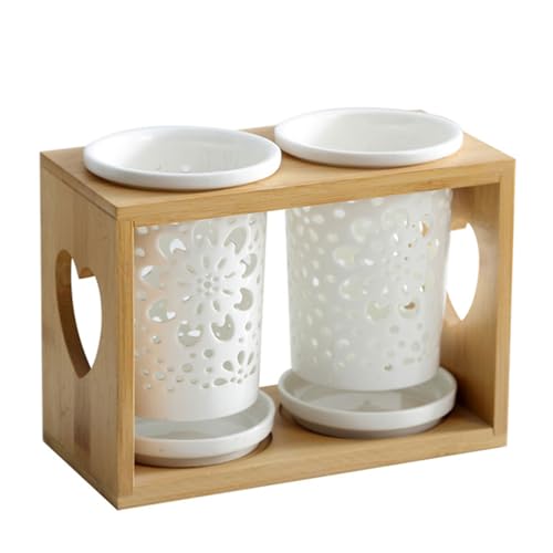 CRCRC Tapas-Schüsseln, 2er-Pack Besteckhalter, Utensilien-Organizer aus Keramik mit Holzregal, Aufbewahrungsbehälter-Sets, Küchenbesteckbehälter for Löffel, Messer und Gabeln(C) von CRCRC