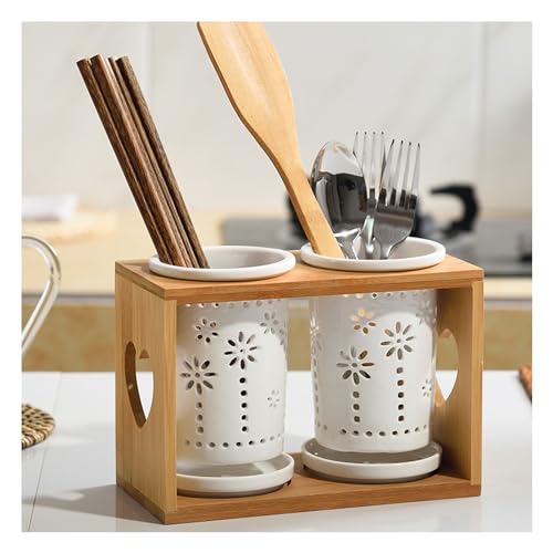 CRCRC Tapas-Schüsseln, 2er-Pack Besteckhalter, Utensilien-Organizer aus Keramik mit Holzregal, Aufbewahrungsbehälter-Sets, Küchenbesteckbehälter for Löffel, Messer und Gabeln(D) von CRCRC