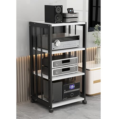 CRCRC Unterhaltungseinheit, Medienständer, Audio-Rack-Tower, Stabiler Audio-Rack-Ständer-Tower mit Höhenregalen, bodenstehendes Audio-Rack mit Universalrädern(White,50x40x89cm) von CRCRC