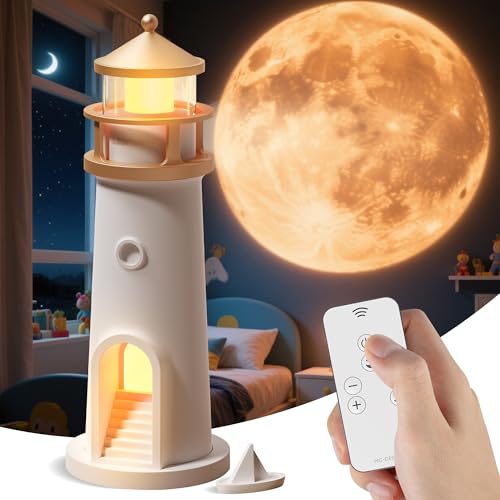 LED Mondlampe Kinder Leuchtturm Deko Nachtlicht, Mondlicht Projektor Lampe, mit Fernbedienung Dimmbar Tragbar Tischlampe Mondlampe Projektion für Fotografie, Selfie, Schlafzimmer, Wohnzimmer Deko von CRCTREND