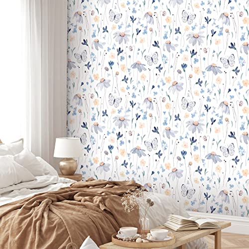 CRE8TIVE Aquarell Fototapete Blumen Schmetterling Tapete für Kinder 61cm x 300cm Klebefolie Weiß Selbstklebend Tapete Schlafzimmer Schrankfolie Fototapete Wohnzimmer Folie für Möbel Badezimmer von CRE8TIVE