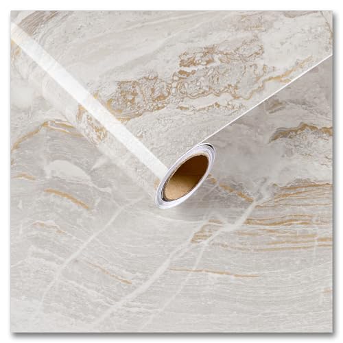 CRE8TIVE Beige Gold Klebefolie Marmoroptik 30cm x 900cm Selbstklebende Tapete Glänzend Marmor Folie für Möbel Abnehmbar Folie Arbeitsplatte Küche Tapete Badezimmer Wasserfest Schrank Küchenrückwand von CRE8TIVE