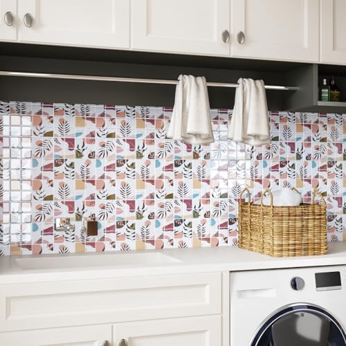 CRE8TIVE Boho Klebefliesen Quadratische Weiß Fliesenaufkleber Bad Wasserfest Vintage Blätter Küchenrückwand Selbstklebend 3D Wandfliesen Selbstklebend Küche Kamin Waschküche 4 Stück 30.5cmx30.5cm von CRE8TIVE