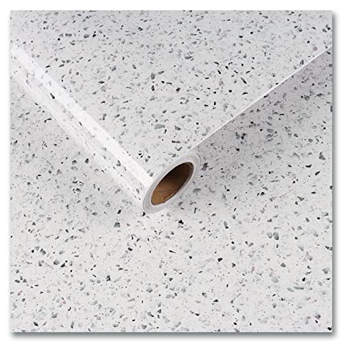 CRE8TIVE Granit Tapete Selbstklebend Weiß Folie für Möbel Arbeitsplatte Glänzend Terrazzo Klebefolie Küche Tapete Badezimmer Wasserfest Küchenrückwand Waschküche Dekofolie Schrank 30cm x 200cm von CRE8TIVE