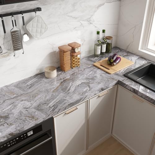 CRE8TIVE Grau Gold Tapete Selbstklebend Marmor Folie Glänzend Möbelfolie Selbstklebend Klebefolie Marmoroptik Wasserfest Tapete für Arbeitsplatte Badezimmer Tapete Küche Schrankfolie 30cm x 200cm von CRE8TIVE