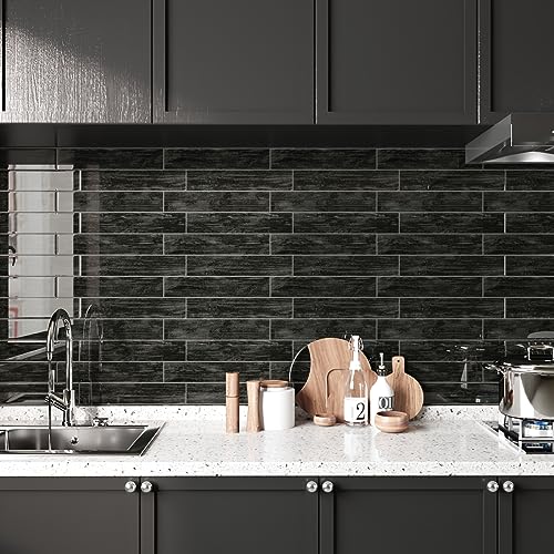 CRE8TIVE Schwarz Fliesenaufkleber Holzoptik Fliesenaufkleber Bad Vinylboden Fliesenoptik Wandfliesen Selbstklebend Wandaufkleber Küchenrückwand Venylfliesen Selbstklebend 30.5cm x 30.5cm 4 Stücke von CRE8TIVE