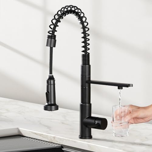 CREA 3 Wege Spiralfeder Küchenarmatur, Trinkwasserhahn Küche mit Brause ausziehbar, Wasserhahn Armatur Küche, 2 in 1 Mischbatterie Spültischarmatur Küche für Wasserfilter, Edstahl schwarz von CREA