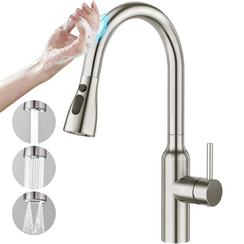 CREA Touch Sensor Wasserhahn Armatur Küche Ausziehbar, Küchenarmatur mit Brause Drei Wasserstrahlarten, Hochdruck Einhebelmischer Spültischarmatur 360° Schwenkbar aus Edelstahl, gebüstet matt von CREA