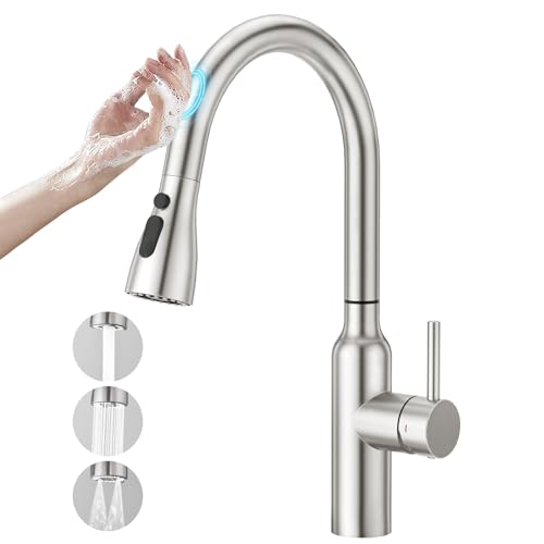 CREA Touch Sensor Wasserhahn Armatur Küche ausziehbar, Küchenarmatur mit Brause drei Wasserstrahlarten, Hochdruck Einhebelmischer Spültischarmatur 360° Schwenkbar aus Edelstahl, gebürstet matt von CREA