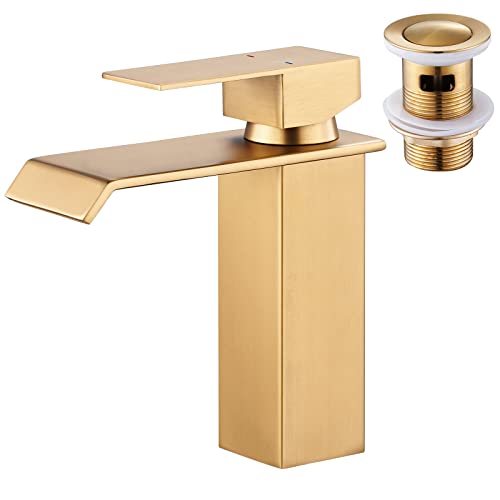 CREA Wasserhahn Bad Wasserfall, Waschtischarmatur mit Ablaufgarnitur, Mischbatterie Bad mit Wasserfall Auslauf, Hochdruck Armatur Waschbecken für Badezimmer, Modern Wascharmatur, Gold von CREA