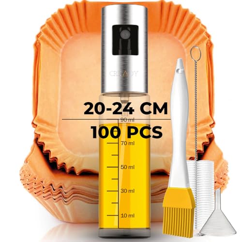 CREADY Backpapier für Heißluftfritteuse 100 Stück Extra Dick [20-24CM] + Ölsprüher | airfryer backpapier | heißluftfritteuse backpapier | Air Fryer Zubehör | Air Fryer Cosori 5,5L und größer von CREADY