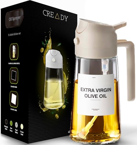 CREADY | Ölsprüher Für Speiseöl -470ml Olivenöl Flasche | 2-in-1 Ölspender und Ölsprüher | Öl Sprühflasche, Ölspray Zum Kochen | Olivenölsprüher für Salat | Olivenöl Spray | Sprühflasche für Speiseöl von CREADY