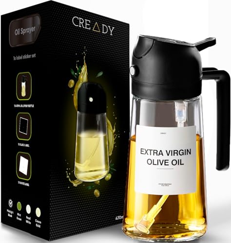 CREADY | Ölsprüher Für Speiseöl -470ml Olivenöl Flasche | 2-in-1 Ölspender und Ölsprüher | Öl Sprühflasche, Ölspray Zum Kochen | Olivenölsprüher für Salat | Olivenöl Spray | Sprühflasche für Speiseöl von CREADY