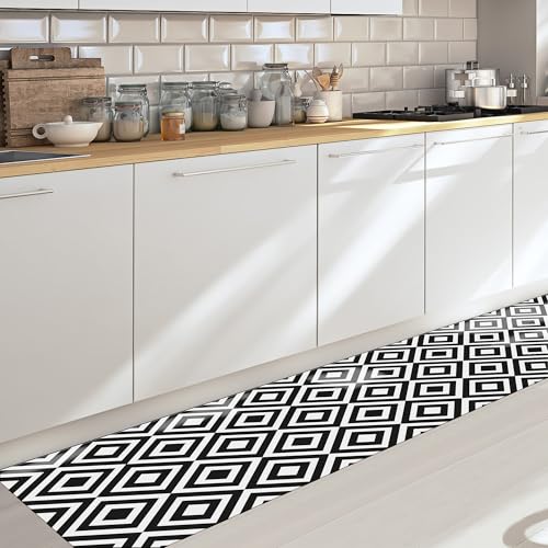 CREARREDA Läufer Teppich Küchenteppich Black & White 50x240 Isolierend, feuerhemmend, Kratzfest, hypoallergen, leicht zu waschender Vinyl Teppich. Komplett in Italien hergestellt von CREARREDA