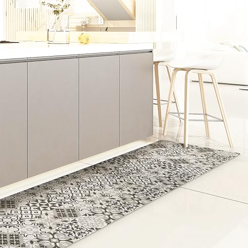 CREARREDA Teppich Läufer - Küchenläufer 180x50 cm graue Fliesen Vinyl rutschfest und waschbar Küchenläufer aus Vinyl, 100% Made in Italy Tepiche für Wohnzimmer, Küche von CREARREDA