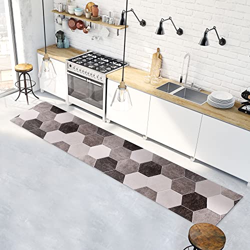 CREARREDA Teppich Läufer - Küchenläufer 240x50 cm Graue Sechsecke Vinyl rutschfest und waschbar Küchenläufer aus Vinyl, 100% Made in Italy Tepiche für Wohnzimmer, Küche von CREARREDA