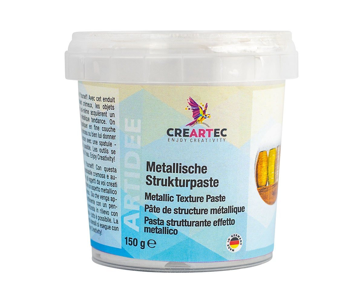 CREARTEC Strukturpaste 7823681, Metallische Strukturpaste silber seidenmatt - 150g -, selbstklebende Spachtelmasse in metallischem Look - Made in Germany von CREARTEC