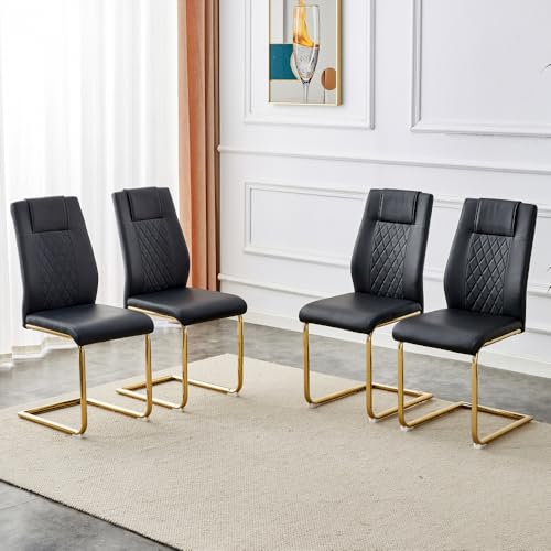 CREASION 4er Set Essstühle Nordic - PU-Leder Mit Gitterdesign-Rücken, Glänzende Metallbeine + rutschfeste Füße (Black+Gold + Metal + PU Leather + Set of 4) von CREASION