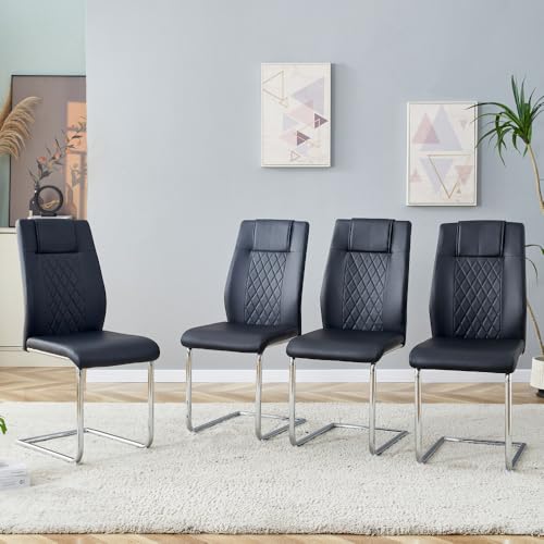 CREASION 4er Set Essstühle Nordic - PU-Leder Mit Gitterdesign-Rücken, Glänzende Metallbeine + rutschfeste Füße (Black + Silver + Metal + PU Leather + Set of 4) von CREASION