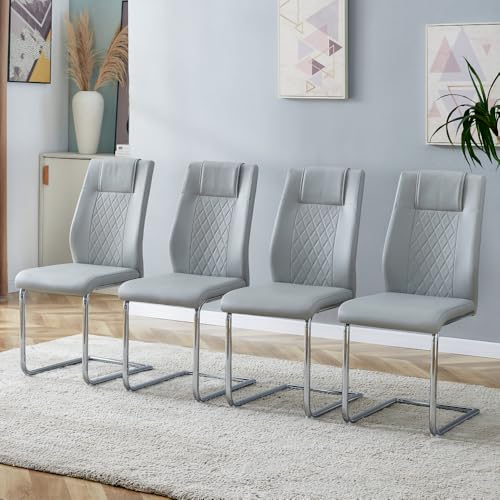 CREASION 4er Set Essstühle Nordic - PU-Leder Mit Gitterdesign-Rücken, Glänzende Metallbeine + rutschfeste Füße (Light Gray + Silver + Metal + PU Leather + Set of 4) von CREASION