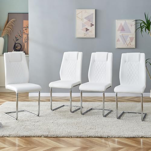CREASION 4er Set Essstühle Nordic - PU-Leder Mit Gitterdesign-Rücken, Glänzende Metallbeine + rutschfeste Füße (Silver + White + Metal + PU Leather + Set of 4) von CREASION
