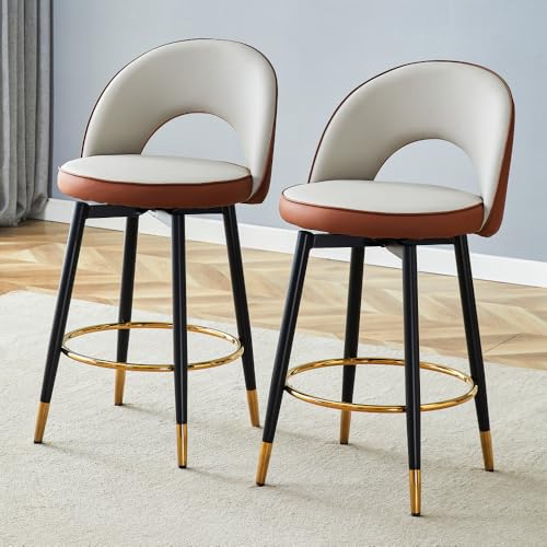 CREASION Barhocker 360° Drehbar - 2er Set, Gepolsterter Sitz, PU-Leder, Für Küche, Bar, Esszimmer (Brown+Black + Light Gray + Metal + PU Leather + Set of 2) von CREASION