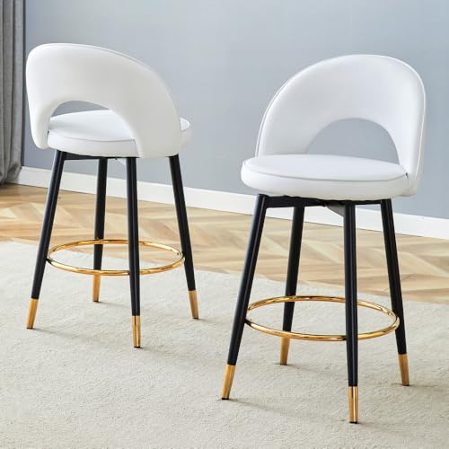 CREASION Barhocker 360° Drehbar - 2er Set, Gepolsterter Sitz, PU-Leder, Für Küche, Bar, Esszimmer (White+Black + Metal + PU Leather + Set of 2) von CREASION