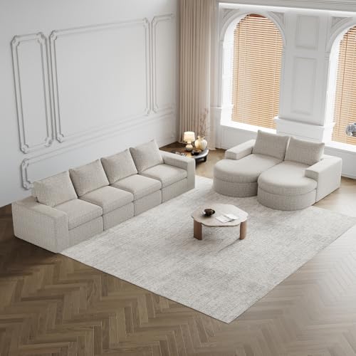 CREASION Chenille Modular Sofa Mit L-Liege & Gebogenen Elementen, Komprimiert Ohne Montage, Schaumstoff Komfortsofa (Beige + Chenille + 3 Seat-1) von CREASION