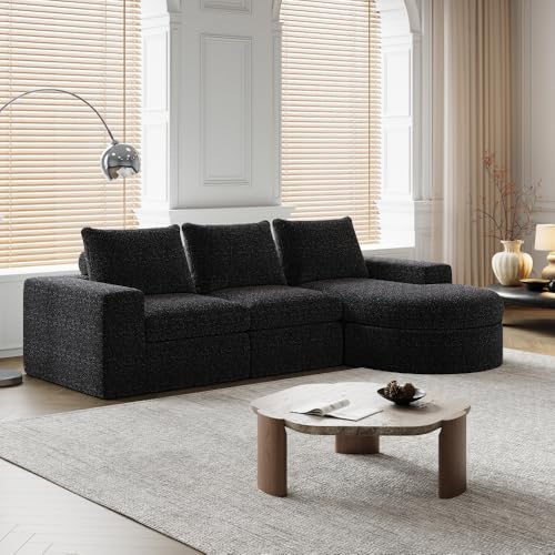 CREASION Chenille Modular Sofa Mit L-Liege & Gebogenen Elementen, Komprimiert Ohne Montage, Schaumstoff Komfortsofa (Black + Chenille + 3 Seat) von CREASION