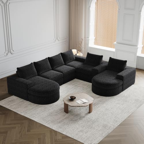 CREASION Chenille Modular Sofa Mit L-Liege & Gebogenen Elementen, Komprimiert Ohne Montage, Schaumstoff Komfortsofa (Black + Chenille + 3 Seat-1) von CREASION