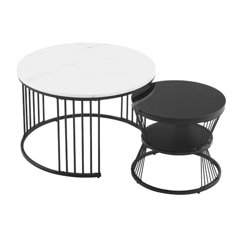 CREASION Modernes Nesting-Couchtisch-Set 2er, Hochglanz Marmoriert, Runder Sofa-Beistelltisch, Schwarzer Rahmen CREASION Modernes Nesting-Couchtisch-Set 2er, Hochglanz Marmoriert, Runder Sofa-Beistelltisch, Schwarzer Rahmen von CREASION