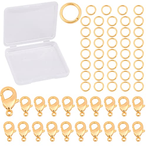 CREATCABIN 1 Box 60 Stück Goldkarabiner Offene Biegeringe Bulk Messing 18K Echtvergoldetes Schmuckzubehör Set Für DIY Armbänder Halsketten Ohrringe Basteln Zubehör von CREATCABIN