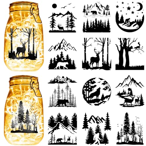 CREATCABIN 12 Stück Wald Bergsilhouetten,Einmachglas-Dekor,Tiere,Lasergeschnittene Papp-Scrapbook-Ausschnitte,Stanzungen Aus PVC Zum Basteln von Laternen,Gläsern,Wandmalereien,10x9cm,Ohne Aufkleber von CREATCABIN