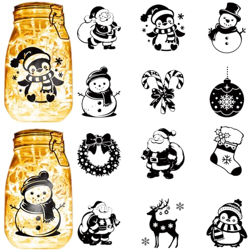 CREATCABIN 12 Stück Weihnachtssilhouetten Einmachglas Dekor Lasergeschnittene Kartonstanzungen PVC Gläser Scrapbook Dekorationen Lampenfolie Selbermachen Basteln Licht Hängelampe Ohne Aufkleber 10x9cm von CREATCABIN