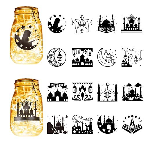 CREATCABIN 16 Stück Eid Mubarak-Silhouetten,Einmachglas-Dekoration,Laterne,Laserausschnitte,Ornamente,Sammelalbum,Verzierung Für Ramadan-Party,Glaswand,Fenster,Autos,Schwarz,10x9cm(Ohne Aufkleber) von CREATCABIN