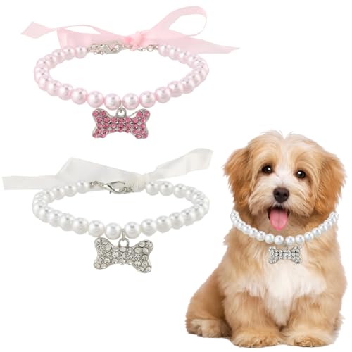 CREATCABIN 2 Stück 2 Farben Perlenkette Haustiere Hundehalsban Kunststoff Verstellbar Weiß/Rosa Kunstperlen Schleife Legierung Strass Knochenanhänger Halsketten Für Katzen Welpen Party Hochzeit 28cm von CREATCABIN