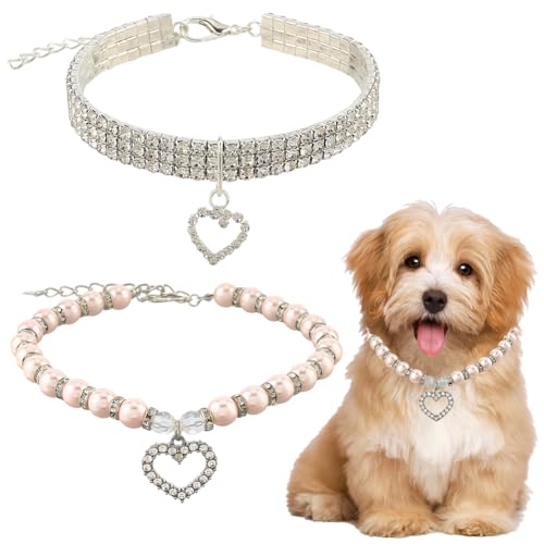 CREATCABIN 2 Stück 2 Stile Herz Hundehalskette Strass Haustierhalsband Verstellbar Rosa Silber Kunststoff Imitationsperlen Bling Glitzer Halsbänder Halsketten Für Katzen Welpen Party Hochzeit von CREATCABIN