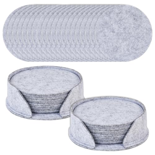 CREATCABIN 20 Stück Filzuntersetzer Mit Halter Tassenmatte Hellgrau 10cm Rund Hitzebeständig Wasserabsorbierend Getränkeuntersetzer Schützt Möbel Vor Schmutz Kratzern Für Weingläser Tischplattenschutz von CREATCABIN