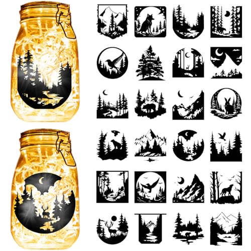CREATCABIN 24 Stück 24 Stile Einmachglas Aufkleber Waldtiere Aufkleber Gestanzte Silhouetten Selbstklebend Wasserdicht PVC Aufkleber Für Bastelarbeiten Scrapbook Laternen Gläser Wände Schwarz 10x9cm von CREATCABIN