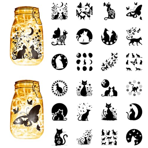 CREATCABIN 24 Stück 24 Stile Tier Silhouette Aufkleber Aufkleber Für Glasgefäße Katze Haustier Selbstklebend Gestanzt Mason Wasserdicht PVC Laternenaufkleber Für Scrapbook Gläser Fenster Glas 10x9cm von CREATCABIN