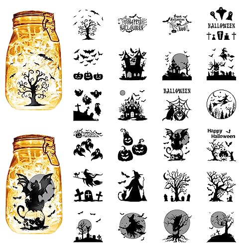 CREATCABIN 24 Stück Halloween-Silhouetten,Einmachglas,Hexenlaterne,Laserausschnitte,Kunststoff,Scrapbook-Dekorationen Für Glas,Auto,Dekoration,DIY,Bastelgeschenke,Schwarz,10x9cm von CREATCABIN