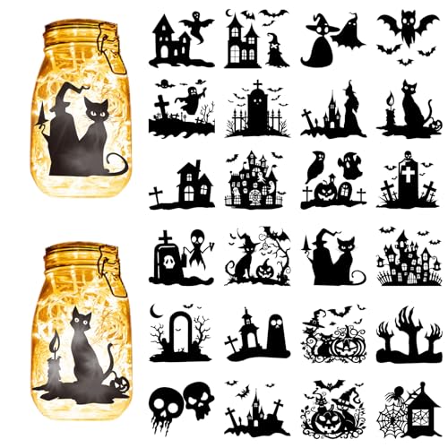 CREATCABIN 24 Stück Halloween Silhouetten Einmachglas Dekor Lasergeschnittene Karton/Plastikgläser Scrapbook Dekorationen Solarlaterne Hängende Ausschnitte Ornamente Lampenfolie 10x9cm Ohne Aufkleber CREATCABIN 24 Stück Halloween Silhouetten Einmachglas Dekor Lasergeschnittene Karton/Plastikgläser Scrapbook Dekorationen Solarlaterne Hängende Ausschnitte Ornamente Lampenfolie 10x9cm Ohne Aufkleber von CREATCABIN