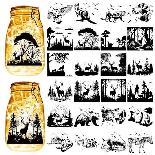 CREATCABIN 24 Stück Waldtiere Silhouetten Einmachglas Dekor Rentier Lasergeschnittener Karton Scrapbook Ausschnitte Stanzteile PVC Zum Basteln von Laternengläsern Fenster Glas 10x9cm-Kein Aufkleber von CREATCABIN
