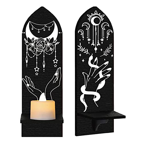 CREATCABIN 2er Set Boho Wandkerzenhalter Mondschlange Holzsäulenleuchter Kerzenständer Gothic Hängeregal Für Zuhause Esszimmer Badezimmer Küche Flur Dekoration Schwarz 10x36cm von CREATCABIN