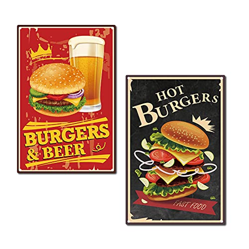 CREATCABIN 2pc Metall Blechschild Heißer Burger Bier Essen Retro Vintage Lustige Wandkunst Wandbild Hängen Eisen Malerei Für Hausgarten Bar Pub Küche Wohnzimmer Büro Garage Plaque 12 x 8 Zoll von CREATCABIN