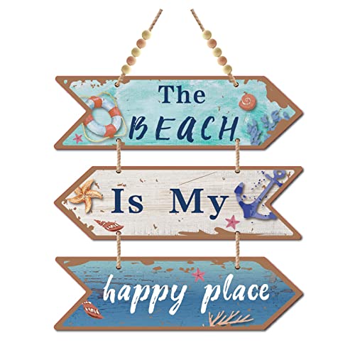 CREATCABIN 3 Stück The Beach is My Happy Place Schild Aus Holz Zum Aufhängen, Holzpfeil, Wanddekoration, Bauernhaus, Rustikale Küche Mit Loch Für Zuhause, Esszimmer, Wohnzimmer (Dunkeltürkis) von CREATCABIN