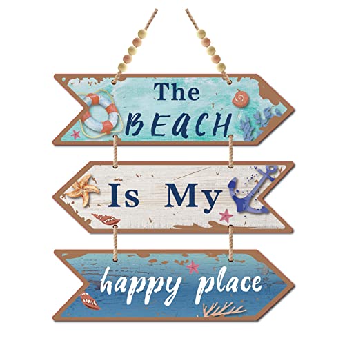 CREATCABIN 3 Stück The Beach Is My Happy Place Schild Aus Holz Zum Aufhängen, Holzpfeil, Wanddekoration, Bauernhaus, Rustikale Küche Mit Loch Für Zuhause, Esszimmer, Wohnzimmer (Dunkeltürkis) von CREATCABIN