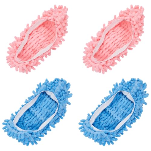 CREATCABIN 4 Stück Schuhüberzug Staubwedel Mopp Hausschuhe Schuhe Blau Rosa Mopp Hausschuhe Bodenreinigungswerkzeuge Wischmopp-Hausschuhe Waschbar Mikrofaser Fußsocken Korallensamt 28x10cm von CREATCABIN