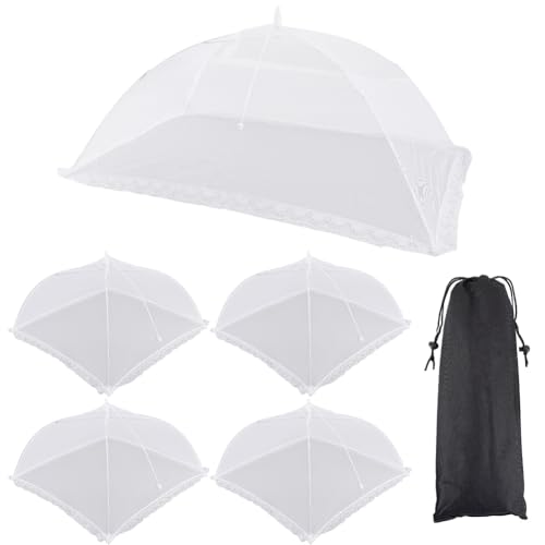 CREATCABIN 5 Packung Netz Lebensmittelzelte Pop Up Lebensmittelabdeckung Wiederverwendbar Zusammenklappbar Weißer Teller Servierschirm Terrassennetz Für Outdoor Camping Picknicks Sommerpartys Grillen von CREATCABIN